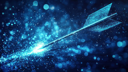 Abstract glowing arrow illustration with sparkling particles conveying direction and clarity in a vibrant blue color scheme for digital art designsの素材