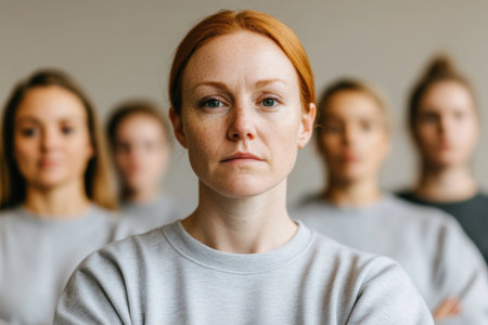 Confident red haired woman standing out among diverse group symbolizes empowerment, strength, and unity in a neutral toned environmentの素材