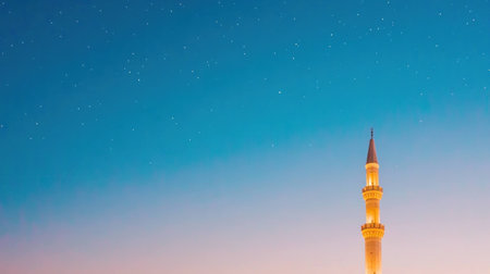 Serene night over a mosque under a starry sky with a soft gradient of blue and pink shades, creating a peaceful atmosphere for spiritual reflectionの素材