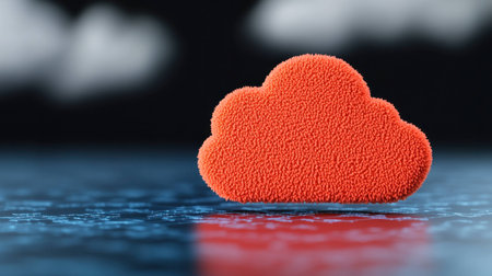Vibrant orange cloud icon sitting on a textured surface, symbolizing digital connectivity and cloud technology, ideal for tech themed visualsの素材