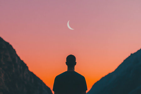Male silhouette against a vibrant sunset, gazing at the crescent moon in a tranquil landscape, evoking feelings of peace and contemplationの素材