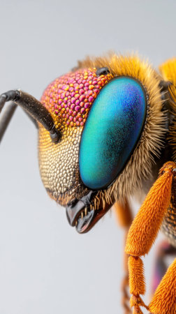 Close up of a vibrant, colorful bee showcasing iridescent eyes and detailed textures, highlighting the beauty of nature and insect lifeの素材