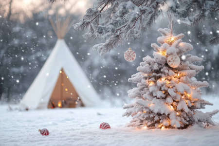 Winter scene featuring a cozy teepee tent and a snow covered Christmas tree decorated with lights, capturing the essence of a magical snowy celebrationの素材