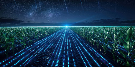 Futuristic crop field at night with glowing blue pathways and starry sky, symbolizing technology in agriculture and innovation for sustainable farmingの素材