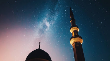 Majestic mosque silhouette against starry night sky, showcasing architectural beauty and tranquility, perfect for spiritual themes and night photographyの素材