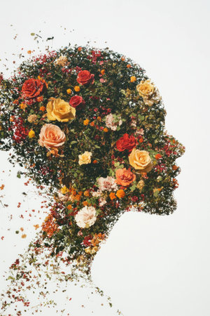 Silhouette of a woman s profile filled with vibrant flowers, symbolizing growth, beauty, and femininity in a unique floral designの素材