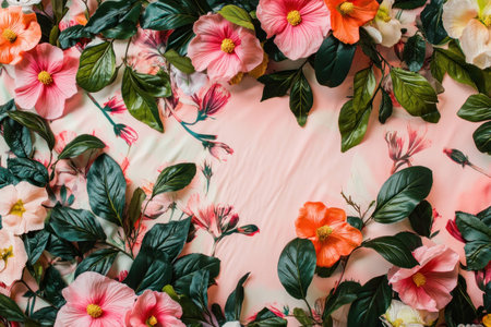 Colorful floral arrangement with pink, orange, and green leaves, creating a vibrant and fresh background ideal for seasonal designs or nature themesの素材