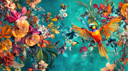 Vibrant tropical scene with colorful parrot amidst blooming flowers and lush foliage, ideal for nature and wildlife themesの素材