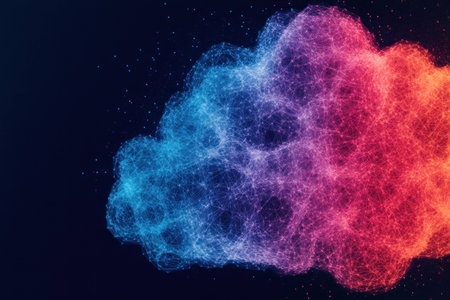 Abstract colorful cloud of smoke in vibrant blue and pink hues on a dark background, ideal for creative designs or digital art conceptsの素材