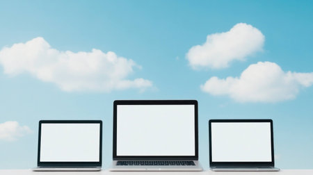 Three modern laptops with blank screens under a bright blue sky featuring fluffy white clouds, symbolizing technology and digital solutions for various applicationsの素材