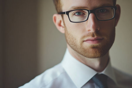 Stylish business man with glasses, serious expression, wearing a formal shirt and tie, perfect for corporate and professional useの素材
