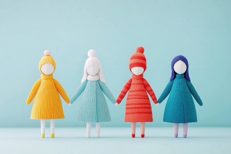 Colorful winter dolls holding hands in a playful setting, showcasing vibrant patterns and a soft pastel background, ideal for seasonal decorations and child friendly themesの素材