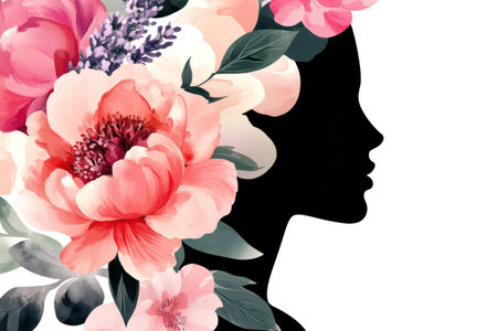 Silhouette of a woman with a floral hair design, showcasing vibrant pink and purple blooms, representing beauty, nature, and femininity in springtimeの素材