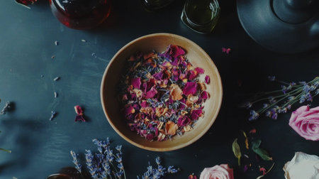 A beautifully arranged bowl of dried flower petals and herbs, capturing the essence of natural beauty and wellness in a serene setting with a dark, moody backgroundの素材