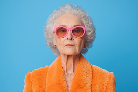 Elderly woman with curly gray hair wearing orange fur coat and pink sunglasses against a blue background, exuding confidence and styleの素材