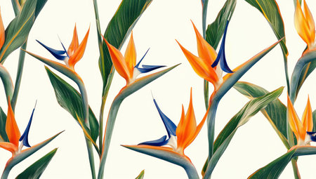 Exotic bird of paradise flowers pattern, showcasing vibrant orange and blue colors against a soft background, perfect for tropical inspired designs and summer themesの素材