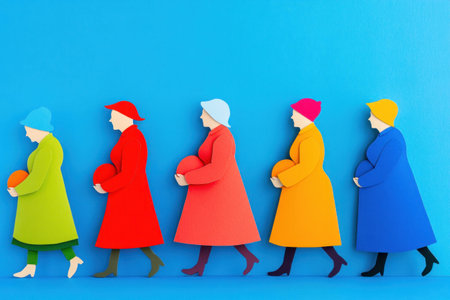 Colorful women silhouettes in vibrant coats, showcasing a joyful parade of diversity against a bright blue background, emphasizing unity and harmonyの素材