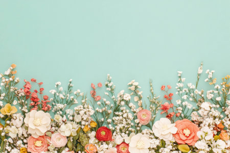 Beautiful floral arrangement with a variety of colorful flowers against a mint green background, perfect for springtime decoration and greetingsの素材