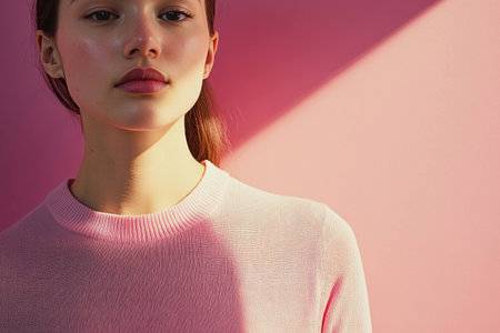 Beautiful young model with soft features wearing a pastel pink sweater against a pink backdrop, showcasing serenity and eleganceの素材