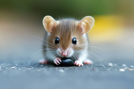 Adorable small mouse holding a black seed, showcasing curiosity and innocence in a natural outdoor setting, perfect for nature lovers and wildlife photographyの素材
