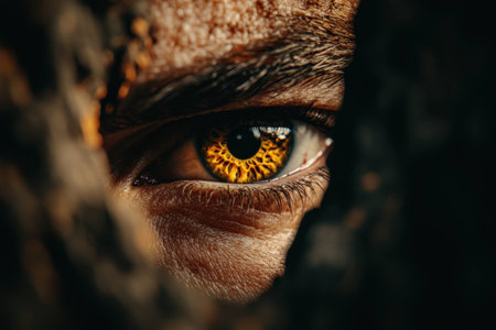 Close up of a captivating brown eye peering through the crevices of a tree bark, highlighting the intricate patterns and rich colors for a dramatic effectの素材