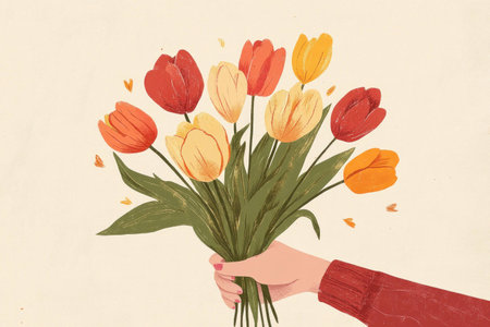 A vibrant bouquet of red, yellow, and orange tulips held by a hand, symbolizing love and appreciation in a cheerful floral arrangementの素材