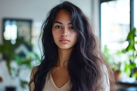 Portrait of a young woman with long, wavy hair, showcasing natural beauty and tranquility in a bright indoor setting with greeneryの素材