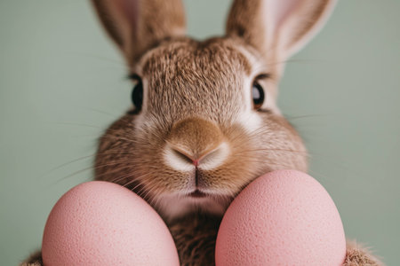 Adorable brown rabbit holding pink Easter eggs in front of a soft green background, capturing the joyful essence of spring and Easter celebrationsの素材