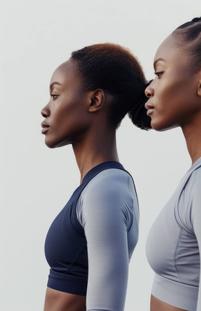 Two models in athletic wear displaying confidence and strength against a soft neutral background, promoting fitness and empowerment, showcasing diversity in beautyの素材