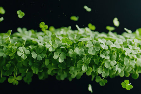 Lush green clover leaves floating against a dark background, symbolizing freshness, nature, and vitality, ideal for wellness and eco friendly themesの素材