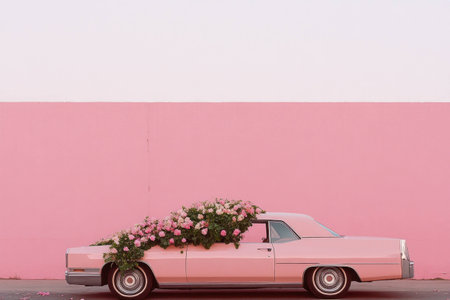 Vintage pink Cadillac adorned with vibrant pink flowers parked against a soft pink wall, symbolizing nostalgia and beautyの素材