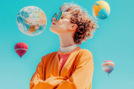 Young woman with curly hair in bright orange outfit and sunglasses against a vibrant blue sky, surrounded by globes and colorful hot air balloons, symbolizes travel and adventureの素材