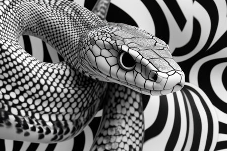 A close up of a mesmerizing snake against a bold black and white patterned background, showcasing intricate scales and a striking gaze, perfect for wildlife conceptsの素材