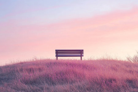 Serene bench on a hill at sunset with pastel colors, evoking peace and solitude in nature Perfect for relaxation and mindfulness themesの素材