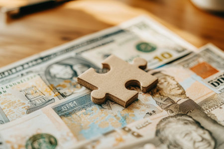 Puzzle piece on banknotes symbolizing financial solutions and wealth challenges, highlighting the concept of money management and investment strategiesの素材