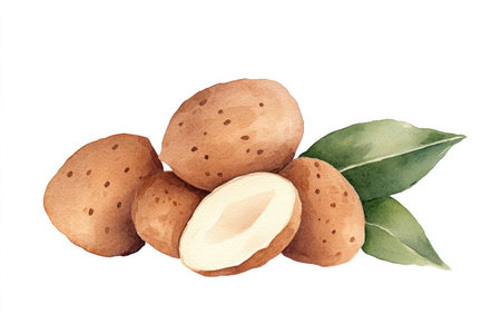 Fresh almonds with leaves, showcasing a natural and healthy snack option, perfect for conveying organic food concepts in seasonal contextsの素材