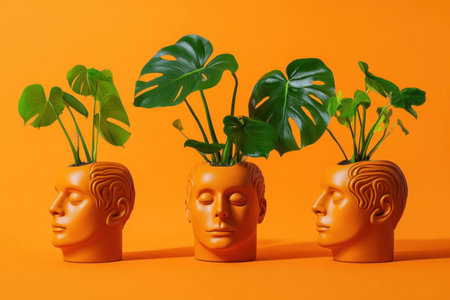 Stylish ceramic plant pots resembling human heads, showcasing vibrant green leaves against a bright orange background, perfect for modern home decorの素材