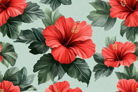 Vibrant red hibiscus flowers pattern with green leaves on a soft mint background for summer themed designs and tropical aestheticsの素材