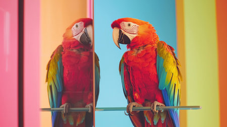 Colorful macaw parrot reflecting in glass, showcasing vibrant feathers and playful character against bright pastel backgroundの素材
