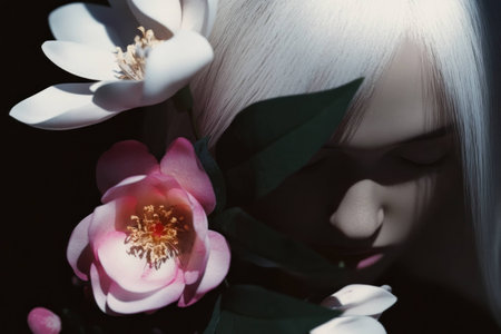 Serene portrait of a model with long white hair, surrounded by delicate pink and white flowers, capturing a sense of tranquility and nature s beautyの素材