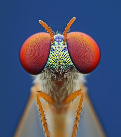 Close up of a colorful fly showcasing vibrant compound eyes and intricate facial details, highlighting nature s beauty and unique insect anatomyの素材