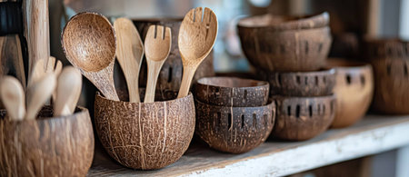 Wooden kitchen utensils displayed in rustic bowls, showcasing natural textures and eco friendly materials for sustainable living enthusiastsの素材