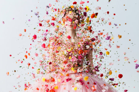 A beautiful model surrounded by a vibrant explosion of colorful flowers, conveying emotions of joy and creativity, set against a white backgroundの素材