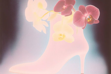 Stylish high heel boot with floral decoration featuring orchids, vibrant colors, and a soft pastel background, perfect for fashion enthusiasts and seasonal trendsの素材