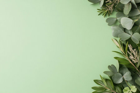 Fresh green leaves arrangement on a soft green background, perfect for nature themes, organic concepts, and spring seasonal imageryの素材