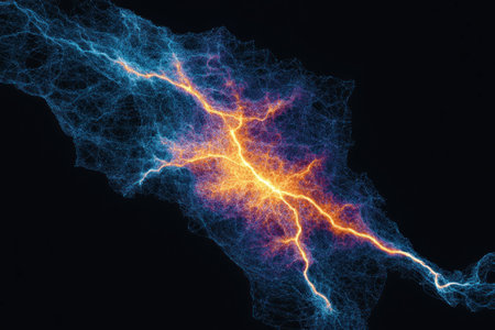 Abstract lightning design with vibrant blue and orange colors representing power, energy, and dynamism for artistic backgrounds and technology themesの素材