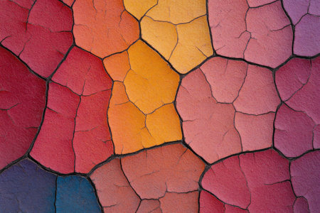 Vibrant abstract texture showcasing cracked paint patterns in warm hues, ideal for artistic backgrounds and contemporary design projectsの素材
