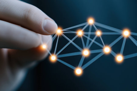 A close up of a hand connecting glowing nodes in a network, symbolizing technology, innovation, and connectivity in a digital worldの素材