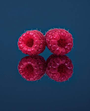 Fresh and vibrant raspberries on a reflective surface, showcasing their rich red color, perfect for healthy eating concepts and culinary themesの素材