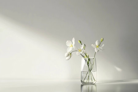 Elegant white flowers in a glass vase on a minimalistic background, representing simplicity, beauty, and tranquility for interior decor or eventsの素材
